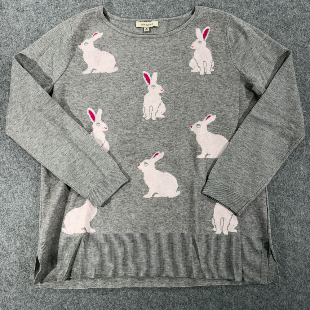 Astrologie Womens Gray Rabbit Bunny Intarsia Knit Long Sleeve Sweater Size M